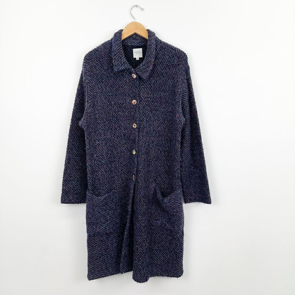 ViaVai Women’s Blue Multicolor Speckled Long Line Mohair Blend Cardigan Sweater